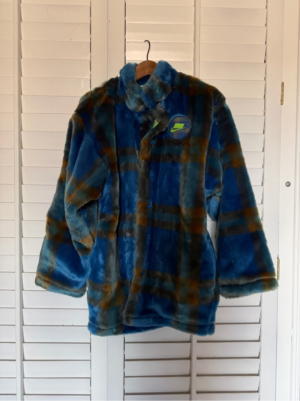 Nike Blue and Brown Plaid Faux Fur Jacket
